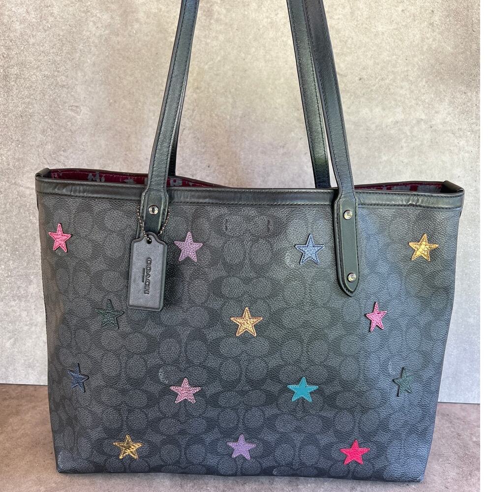 Coach Signature Star Applique Tote Bag coated canvas monogram print black *read*
